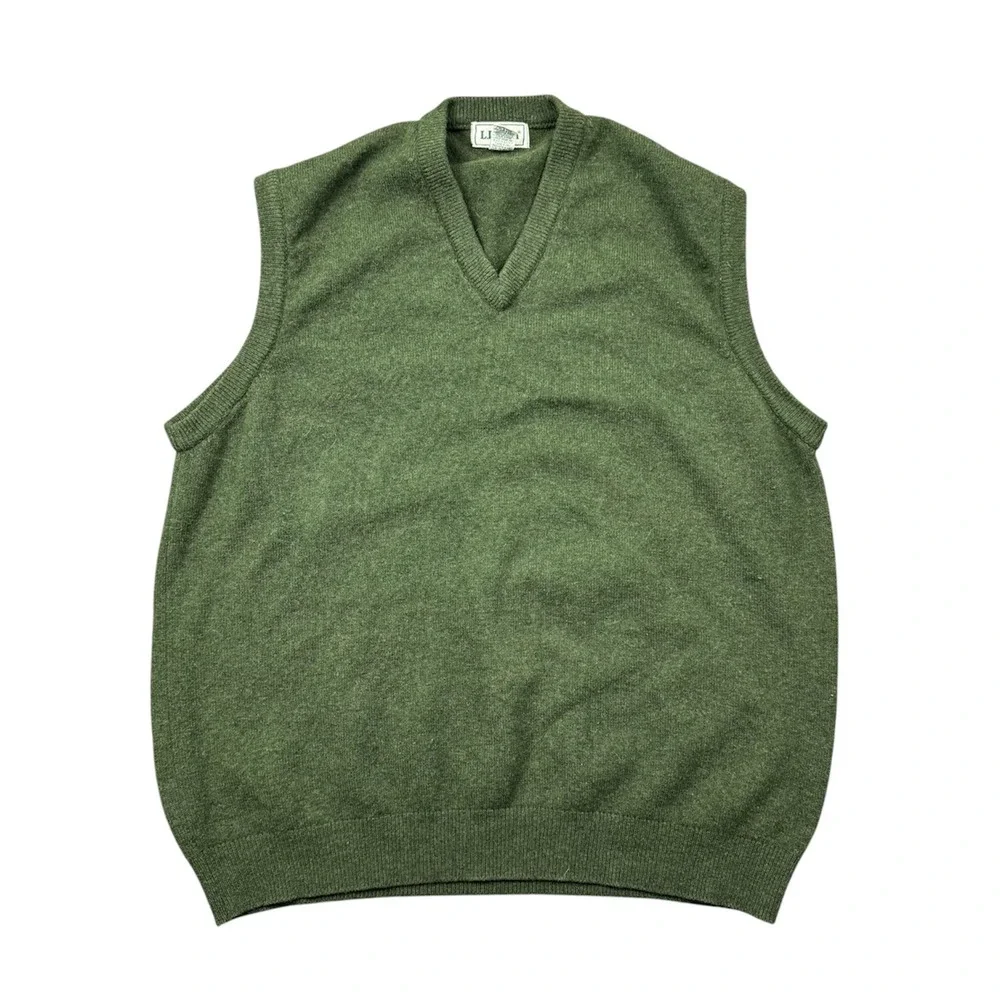Vintage‎ LL Bean Wool Sweater Vest Men XL Green Lambswool Scotland V Neck